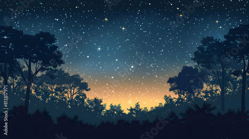 Enchanted Forest Canopy Under Starry Sky A Mysterious and Enchanting Flat Design Backdrop Depicting a Woodland Night Scene with Silhouetted Trees Reaching for the Stars in Flat I
