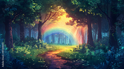 Flat Design Backdrop: Forest Trail Rainbow Concept A forest trail lit by a rainbow guides adventurers through vibrant woodland scenery. Flat illustration.