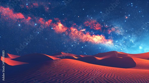 Flat Design Backdrop: Galactic Core Over Desert Dunes The galactic core of the Milky Way rising dramatically over sand dunes, showcasing the stark contrast between sand and stars