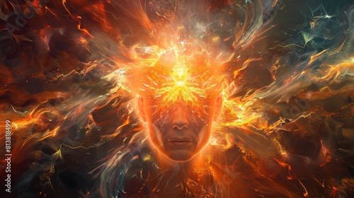 An artistic rendering of a face amidst a vibrant explosion of fire and fractal elements representing a mind burst.