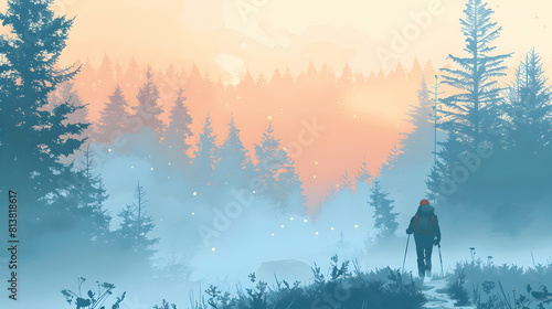 A hiker traverses a mist veiled trail, capturing solitude and outdoor adventure flat design backdrop concept in flat illustration style