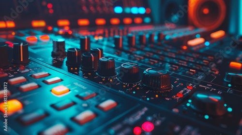 This is a modern music recording studio control desk with mixer, automatic equalizer and other professional equipment. Switchers, switches, faders, sliders, motorized faders move, record, play hit