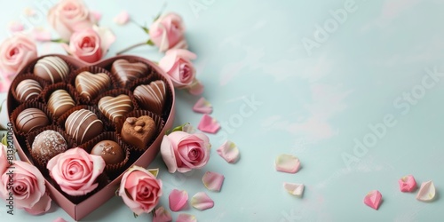 A heart-shaped box of chocolates is surrounded by pink roses