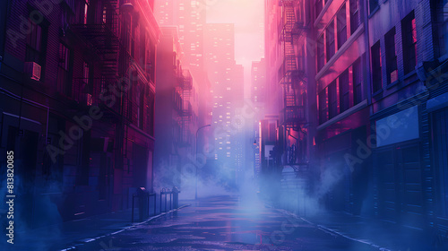 Misty Morning City Alley: Mysterious Urban Aura in Morning Mist Perfect Flat Design Illustration for Urban Explorers