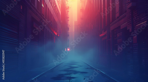 Mysterious Misty Morning in the City: Urban Alley Concept for Exploration and Wonder Flat Design Backdrop with a Touch of Mystery