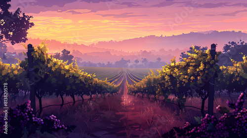 Misty Morning Vineyard: Morning Mist Drifts Over Grapevines in Wine Country Flat Design Backdrop