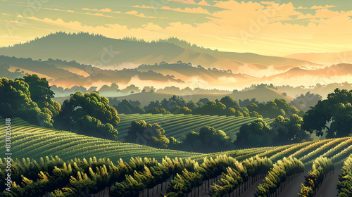 Misty Morning Vineyard: Morning Mist Drifts Over Rows of Grapevines in Wine Country Flat Design Backdrop