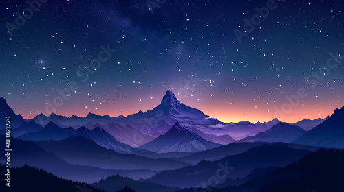 Mountain Summit at Night: A lone peak under a starry sky prompts contemplation and cosmic wonder. Flat design backdrop offering awe inspiring views. 