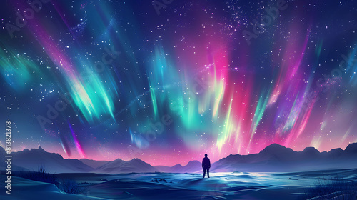 The Northern Lights dance beneath a starry sky creating a mesmerizing spectacle of color and light in the arctic. Flat design backdrop Northern Lights and Starry Sky concept.