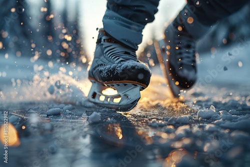 Dynamic Ice Skating Close-up on a Frozen Pond at Sunset 