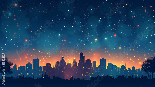 Cityscape Sparkling beneath Starry Night: Urban Lights vs Celestial Stars Flat Design Backdrop Concept