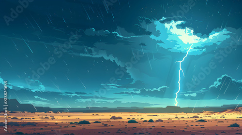 Thunderstorm Over Desert: A dramatic transformation of the barren land with lightning illuminating the flat design backdrop.