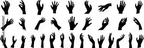 hand gesture silhouette collection, isolated on white. Perfect hand vector for communication, body language, design elements. Includes pointing, thumbs up, grabbing, holding