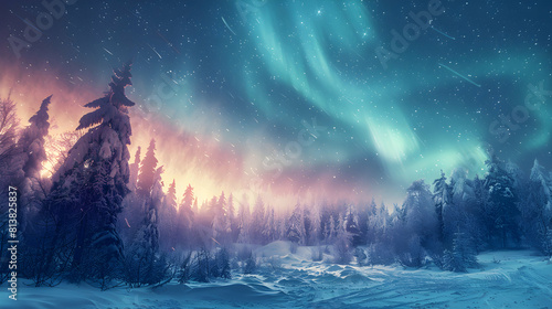 Majestic Aurora Lights Up Snowy Forest With Magical Colors: Stunning Photo Realistic Image Of Vibrant Northern Lights Over White Winter Landscape