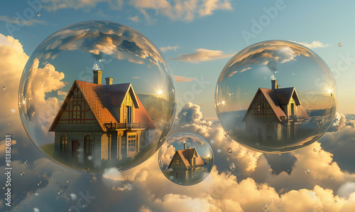 The vision of houses floating in air bubbles evokes fascination and amazement, creating an extraordinary image that symbolizes the concept of a real estate bubble and dynamic changes in the market.