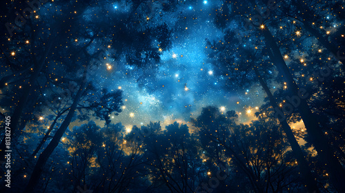 Enchanted Forest Canopy Silhouetted by Starry Sky Mystical Woodland Night Scene