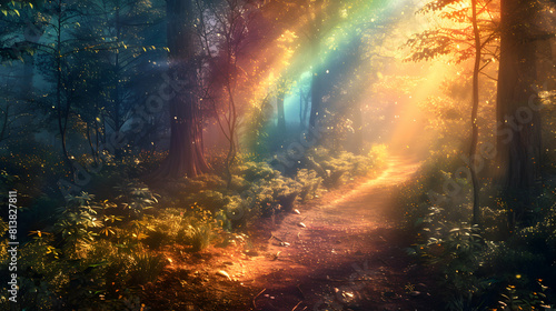 Enchanting Forest Trail: A rainbow guiding adventurers through vibrant woodland scenery