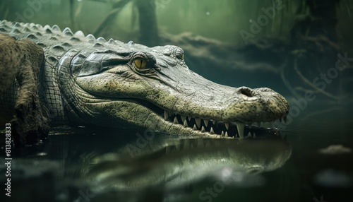 A large Gharial crocodile calmly sits in the water, showcasing its powerful presence and intimidating appearance