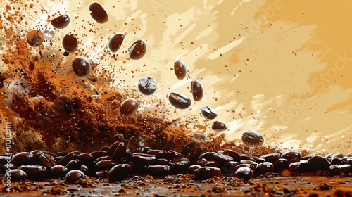 coffee beans being splashed on light background. AI generate illustration