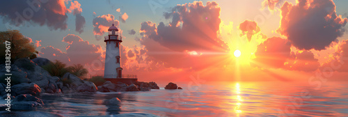 Lighthouse Sunset Watch: A Historic Beacon Illuminates the Sea at Dusk, Guiding Sailors Home with Photorealistic Beauty