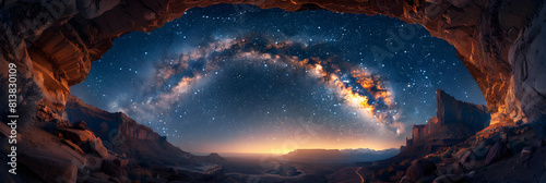 Stunning Photo Realistic Milky Way Arch Over Canyon Lighting Up Night Sky Celestial Display in Photo Stock Concept