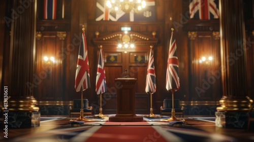In the background are Great Britain flags and a backdrop with a young organization representative speaking at a press conference in a government building. The press officer is delivering a speech at
