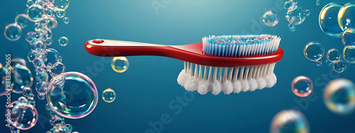 A Toothbrush on a background surrounded by bubbles in advertisement style, with copy space, dual side