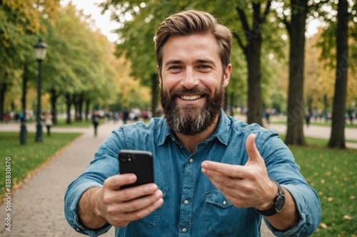 Happy bearded man taking selfie through smart phone in park