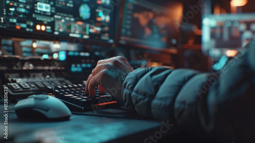 A Close-up Hands Shot of A Technical Support Specialist Typing on a Keyboard and Moving a Mouse in a Dark Monitoring and Control Room.