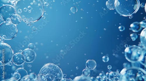 A realistic blue 3D modern illustration with air bubbles and effervescent fizz lines. Dynamic aqua motion, randomly moving underwater fizzing, a soda drink frame design on transparent background.