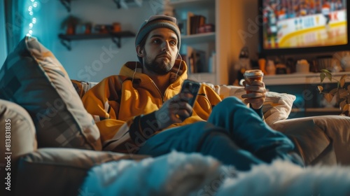 On a couch, a handsome man watches ice hockey, utilizes a smartphone app for score, bet and statistics, eats snacks, and watches the championship.