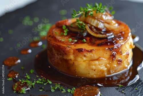 Foie gras flan - served with caramelized onions and fig sauce on black background 