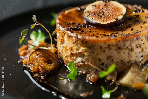 Foie gras flan - served with caramelized onions and fig sauce on black background