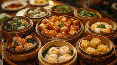 A variety of dim sum dishes are arranged in bamboo steamers on a table.