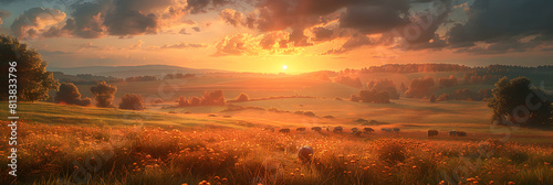 Sunset over picturesque farm fields and livestock in serene pastoral landscape Photo realistic concept capturing the tranquility of rural sunset