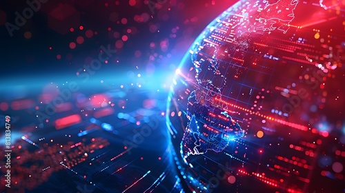 Abstract news background with globe and stock market data, glowing light effects in blue, red and white colors, with motion blur. 
