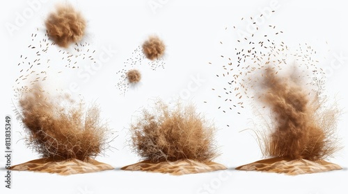 The dry tumbleweed, ball of weeds, and brown dust clouds on the background of a transparent background. Modern realistic set of flowing sand, rolling dry bushes, old tumble grass in the prairie.