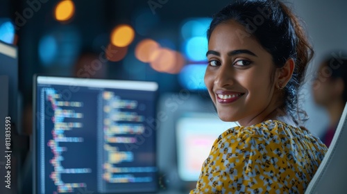 The Diverse Office: Portrait of a beautiful Indian IT programmer working on a desktop computer, smiling and taking a close look at the camera. A female software engineer creating innovative apps,