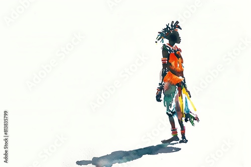 Zulu South Africa Man, Minimalistic watercolor, on a white background, cute and comical with empty copy space.