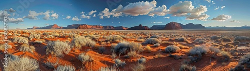 Beautiful panoramic landscape of a vast arid desert with rugged rock formations under a blue sky with clouds.