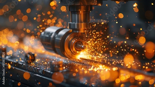 A machine processes a metal workpiece, creating sparks.