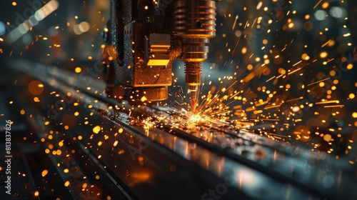 A machine processes a metal workpiece, creating sparks.