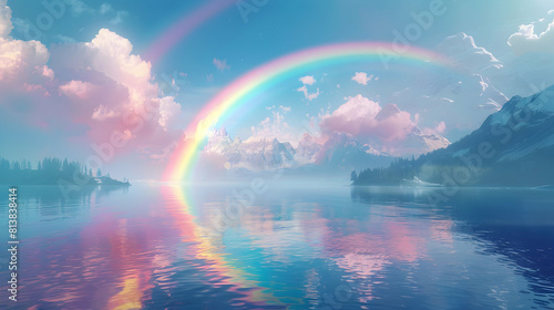 Vibrant Rainbow Arching Over Tranquil Mountain Lake Reflecting Spectrum of Colors Photo Realistic Landscape Concept on Adobe Stock