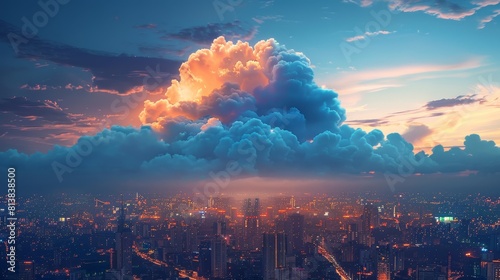 A giant cloud hovering over a cityscape, representing the integration of cloud computing in urban infrastructure and services.