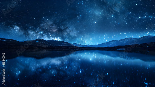 Starry Lake Reflections: Stars Reflecting on Glassy Serene Waters, Enhancing Night s Tranquility Photo Realistic Concept