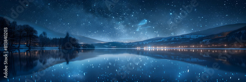 Photo realistic as Starry Lake Reflections concept: Stars reflect on the glassy surface of a serene lake, doubling the starry spectacle and enhancing the night s tranquility Phot