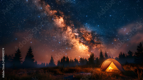 Cosmic Camping Adventure: Campers Under Starry Sky Embrace Night of Stories and Campfire Glow Photo Realistic Concept