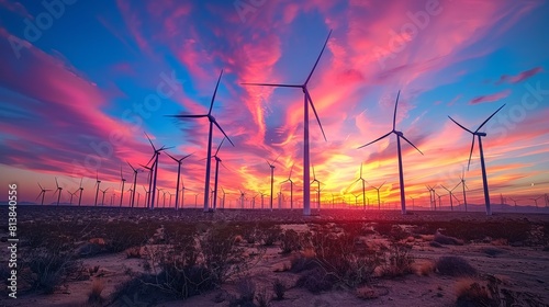 A serene landscape featuring a wind farm at sunset, with wind turbines silhouetted against the colorful sky, highlighting the beauty and potential of wind energy.