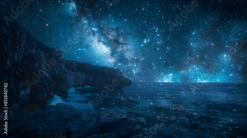 Rugged Coastal Cliffs: Stars Twinkling Above, Land vs Cosmos Photo Realistic Concept