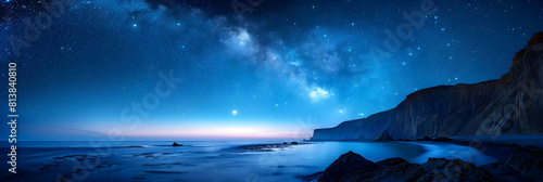 Photo realistic as Stars over Coastal Cliffs concept: Stars twinkle brightly above rugged coastal cliffs offering a striking contrast between the land and the cosmos.